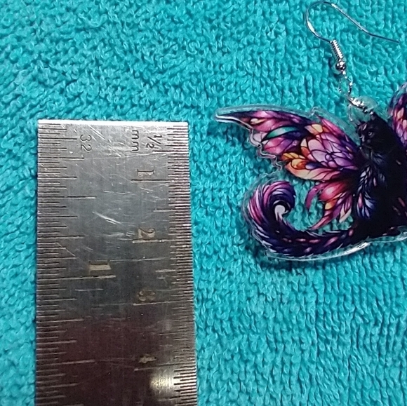 Colorful cat with angel wings black pink purple orange blue wire earrings gothic - Picture 2 of 4